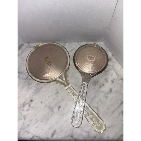 The Unbranded Brand Other - Vtg Early 20th Century Lucite Hand Held Mirror Brush Floral Bouquet Medallian